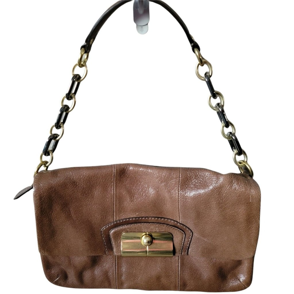 Coach Kristin Leather Brown Flap Shoulder Bag Mixed Chain Handle Purple Lining